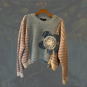 Upcycled spliced wool-blend sweater with denim flower sz S